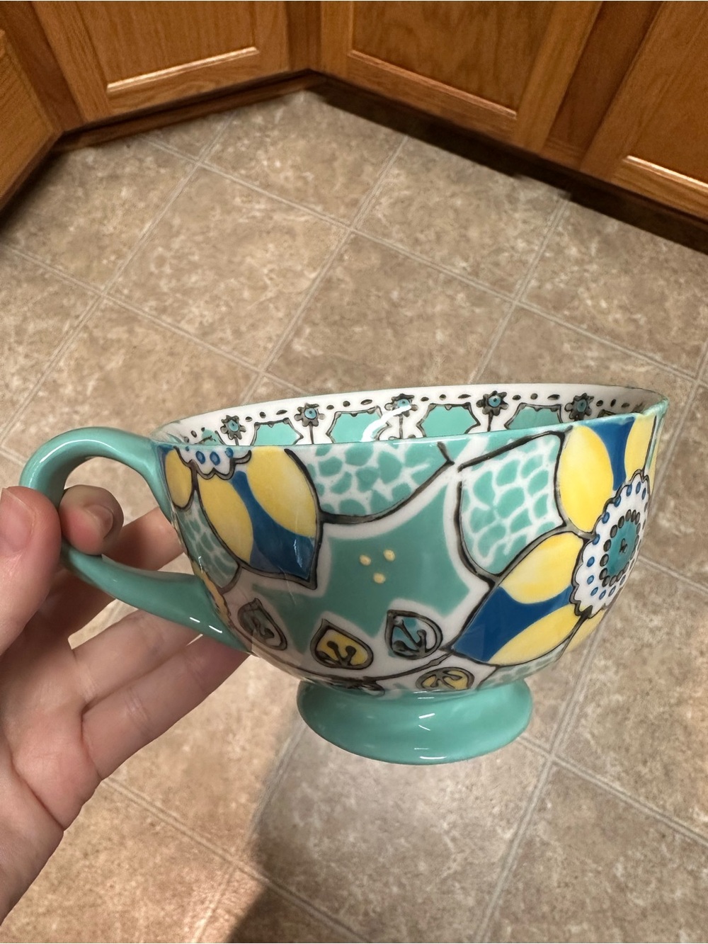 Anthropologie Round Mug Floral Ceramic - Turquoise, Yellow & Blue